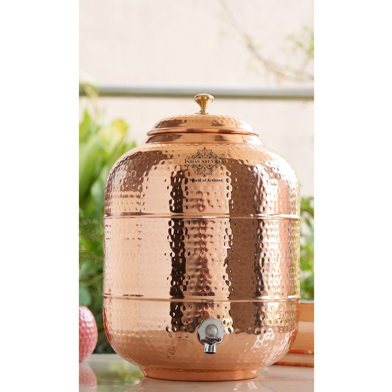 Indianartvillass Handmade Pure Copper Water Pot with Hammered Design, Drinkware Water Tank | Dispenser | Storage Pot