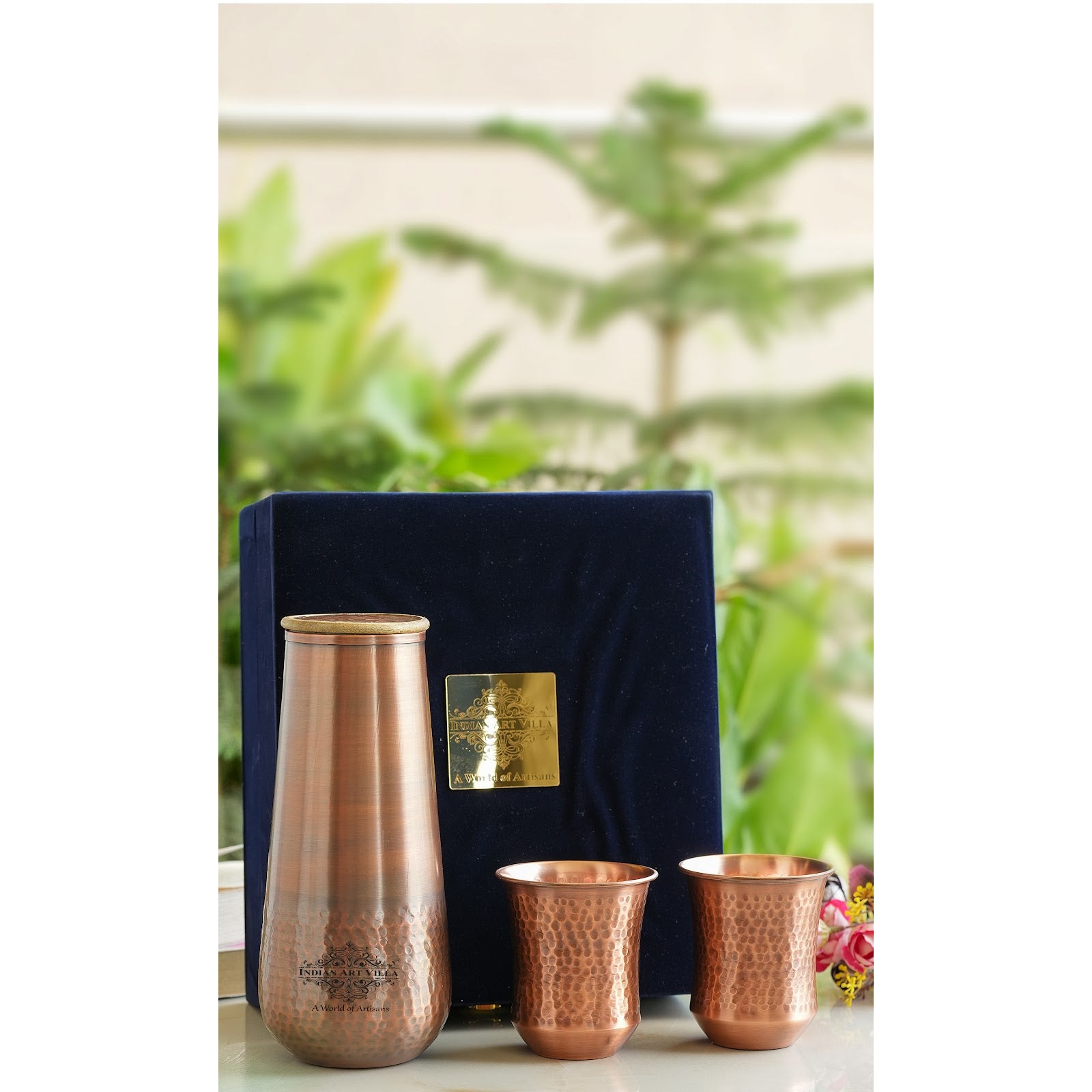 Indian Art Villa Pure Copper Drinkware Gift Set of Copper Bedroom Bottle & Copper Glass with Antique Finished Embossed Design
