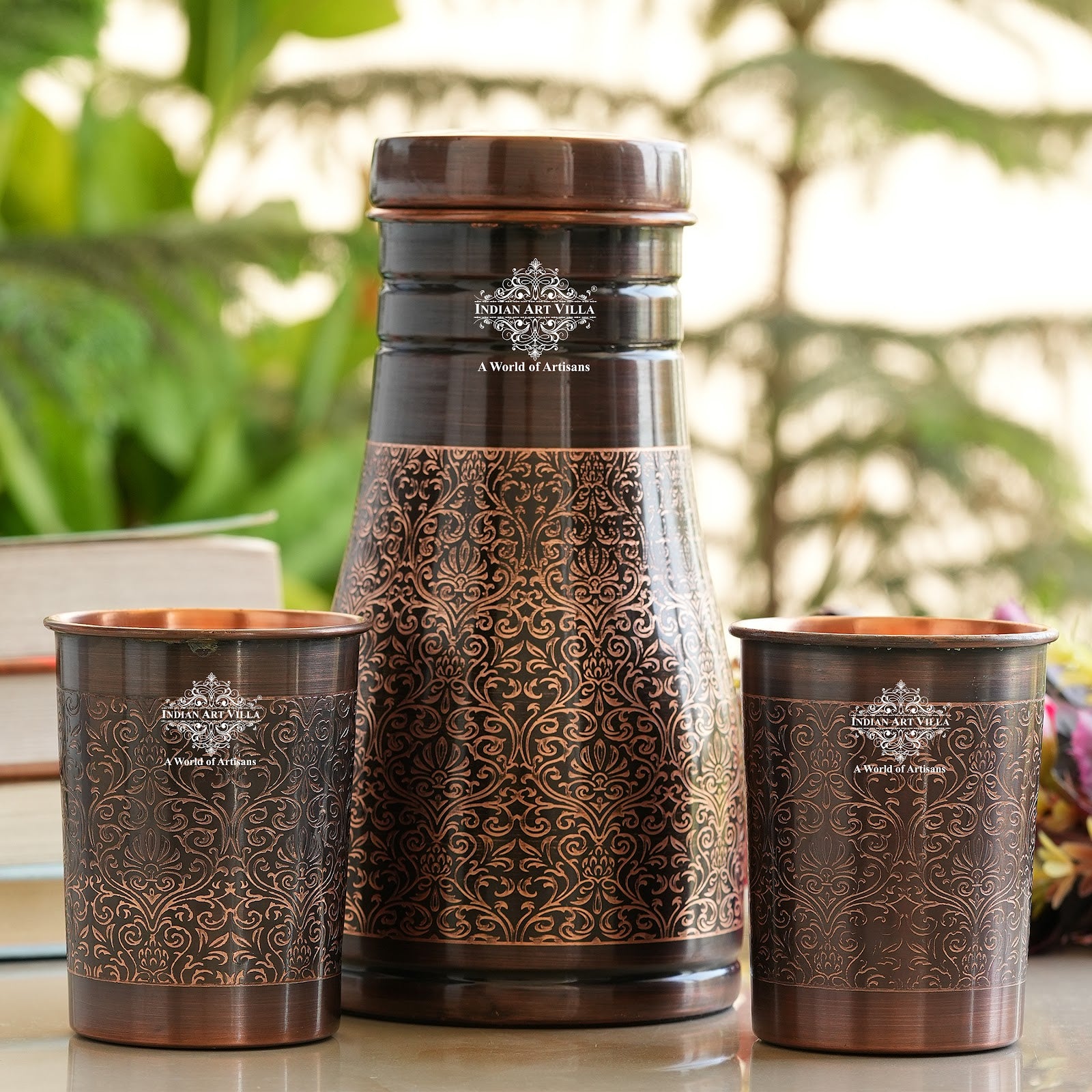 Indian Art Villa Copper Bedroom Antique Dark Finished Bottle with Copper glass with Embossed Design gift set