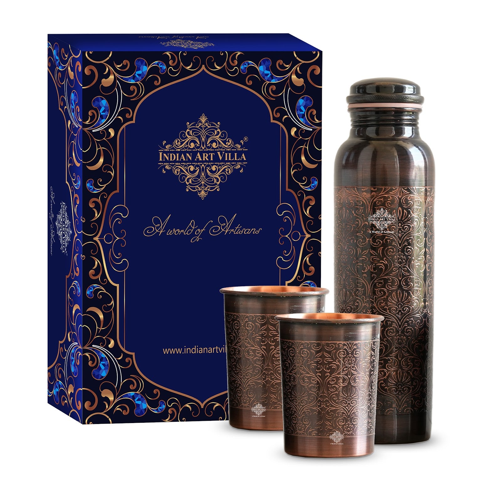 Indian Art Villa Antique Copper Finish Embossed Design Bottle with 2 Copper Glass Gift set