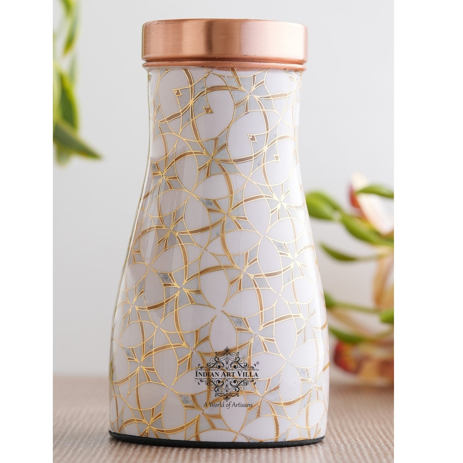 Indian Art Villa Handcrafted Pure Gold Print Design Bedroom Bottle, Luxury Home Décor, Marble Finish, 32 OZ