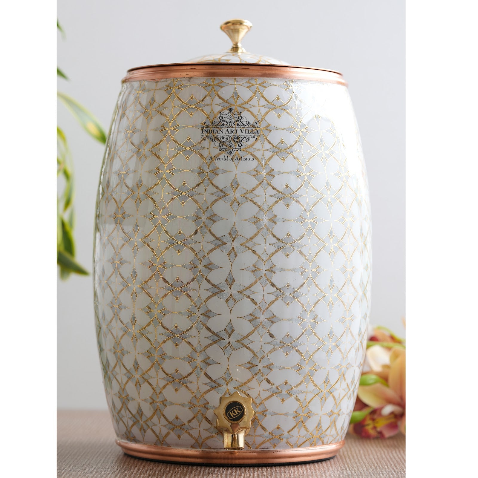 Indianartvillass Handcrafted Pure Copper Block Print Design Water Pot, Health Benefits, Ayurveda, 338.14 Oz